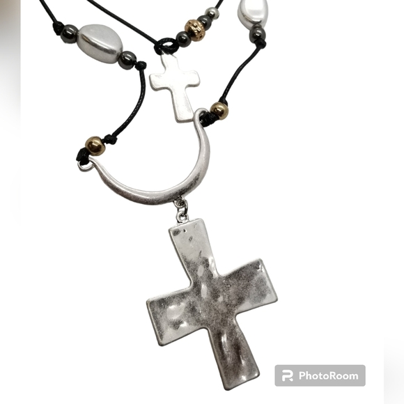 VINTAGE LAYERED SILVERTONED CROSS PENDANT & GOLD/ SILVER BEAD CORD NECKLACE - Picture 4 of 6